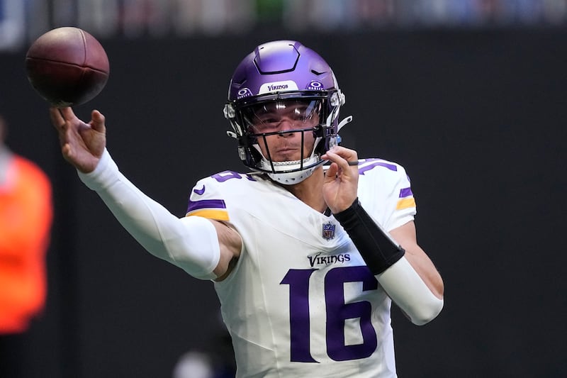 Minnesota Vikings quarterback Jaren Hall (16) throws a pass during a game against the Atlanta Falcons on Nov. 5, 2023.