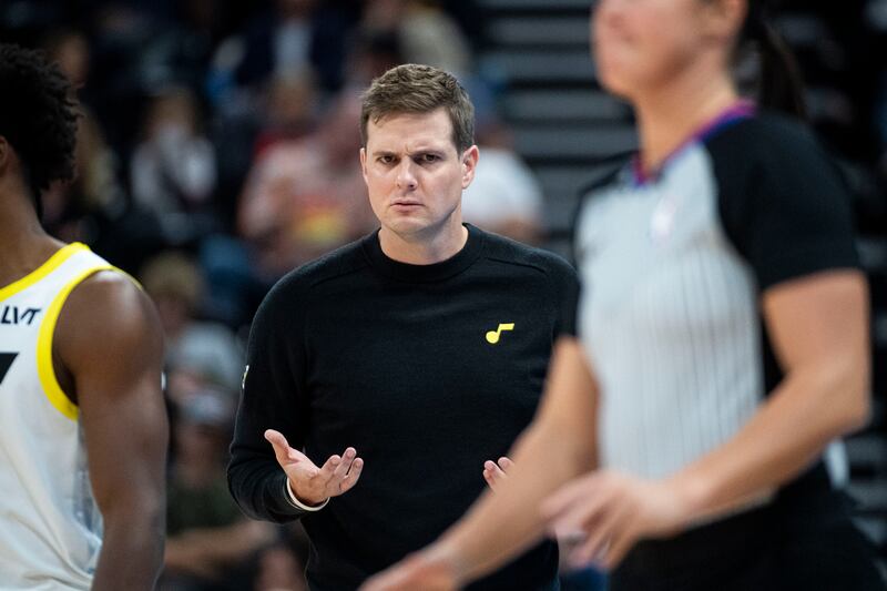 Utah Jazz coach Will Hardy reacts to an official’s call during preseason game against the Portland Trail Blazers.