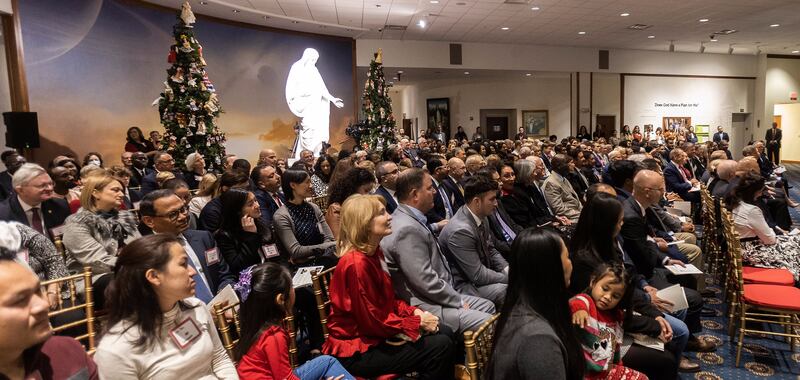 Ambassadors to the United States and their families attend a lighting ceremony at the Washington D.C. Temple on Nov. 29, 2022.