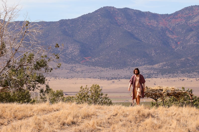 Jonathan Roumie, who plays Jesus, walks toward trailers during filming of a faith-based streaming series on the life of Jesus Christ called “The Chosen” at The Church of Jesus Christ of Latter-day Saints’ Jerusalem set in Goshen, Utah County, on Monday, Oct. 19, 2020.