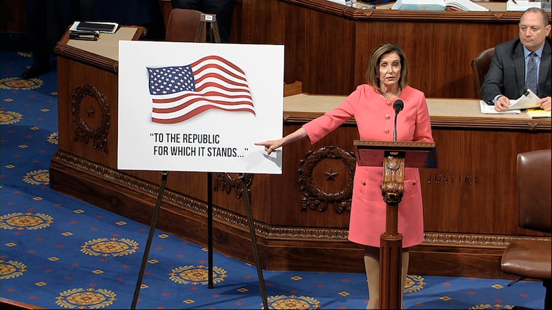 In this image from video, House Speaker Nancy Pelosi of Calif., speaks as the House of Representatives debates the impeachment managers resolution at the Capitol in Washington, Wednesday, Jan. 15, 2020. (House Television via AP)