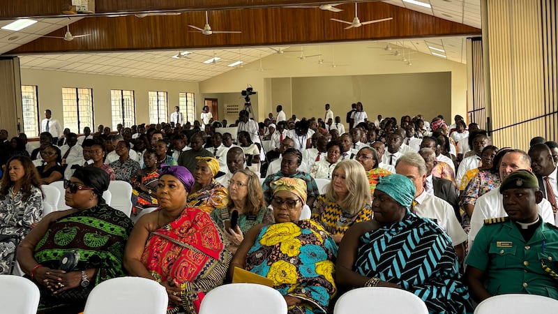 A meeting hall is filled with Church members and guests who came to witness the groundbreaking of the Kumasi Ghana Temple on Saturday, Oct. 18, 2025, in Kumasi, Ghana.