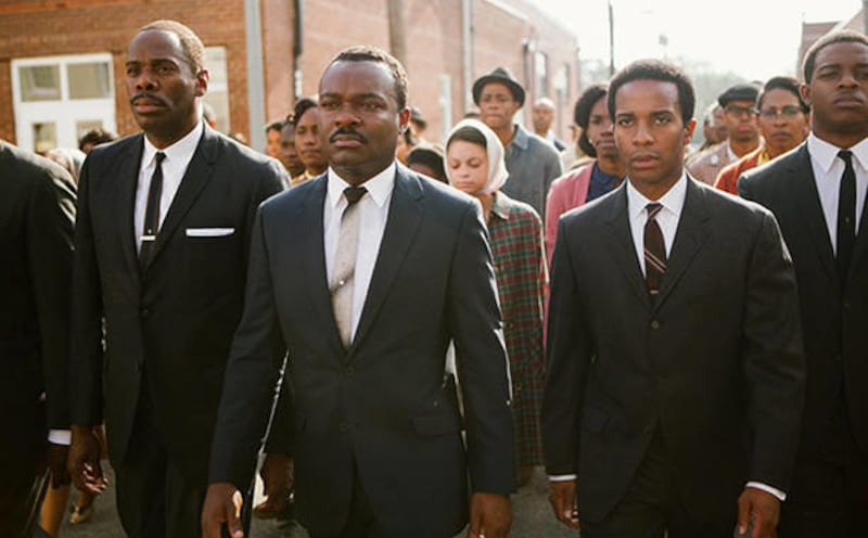 David Oyelowo, center, as Martin Luther King Jr., leads the historic 1965 civil rights march from Selma to Montgomery, Alabama, in “Selma,” now on Blu-ray and DVD.