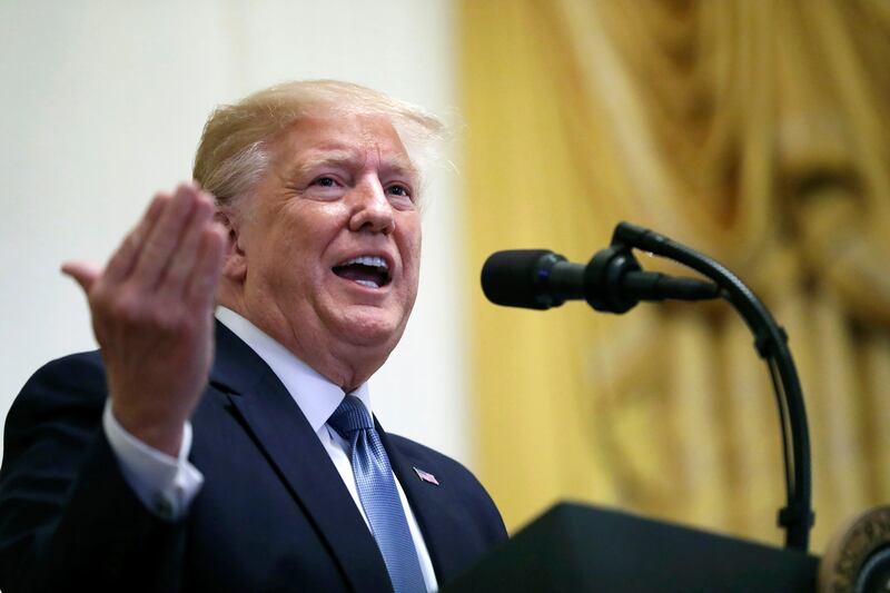 FILE - In this Friday, Oct. 4, 2019 file photo, President Donald Trump speaks during the Young Black Leadership Summit at the White House in Washington.