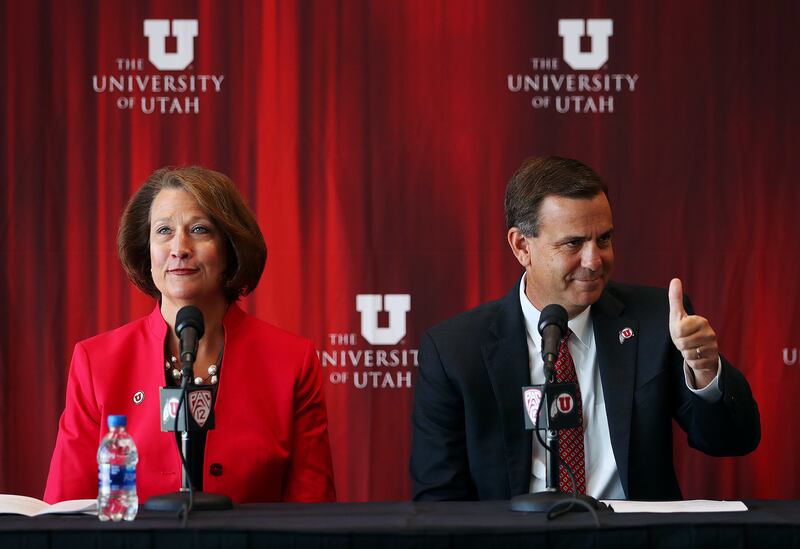 University of Utah President Ruth Watkins presents Mark Harlan as the new Athletic Director at a press conference at Rice-Eccles Stadium on Monday, June 4, 2018.