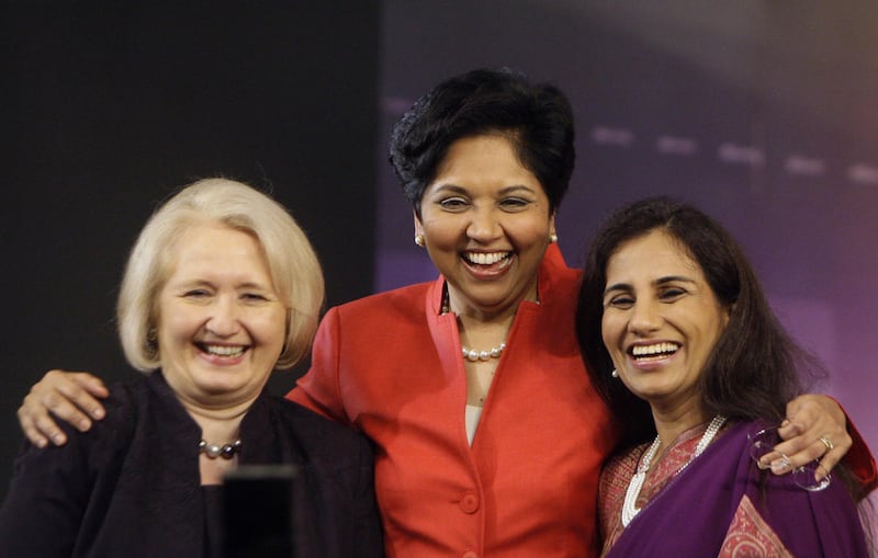 PepsiCo Chairman Indra Nooyi, center, poses for photographs along with ICICI Bank Chief Executive Chanda Kochhar, right, and U.S. Ambassador-at-Large for Global Women's Issues Melanne Verveer, after a session on female talent at the India Economic Summit