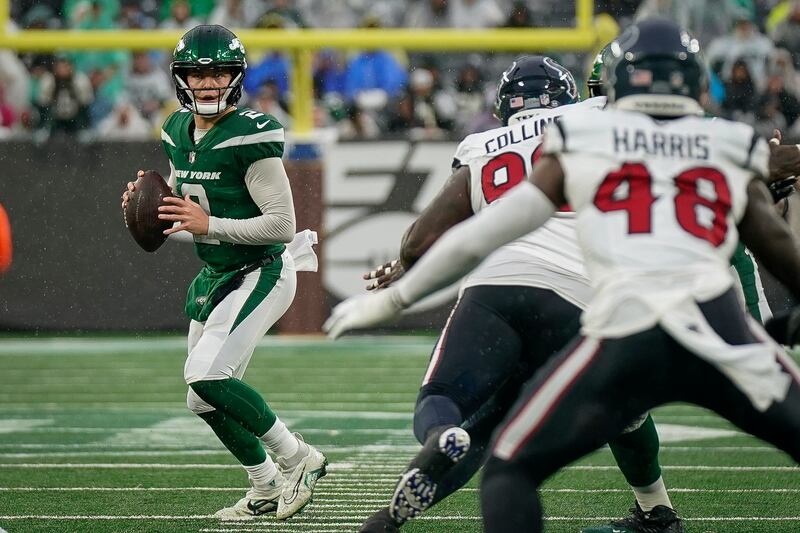 New York Jets quarterback Zach Wilson (2) during an NFL football game against the Houston Texans on Sunday, Dec. 10, 2023.