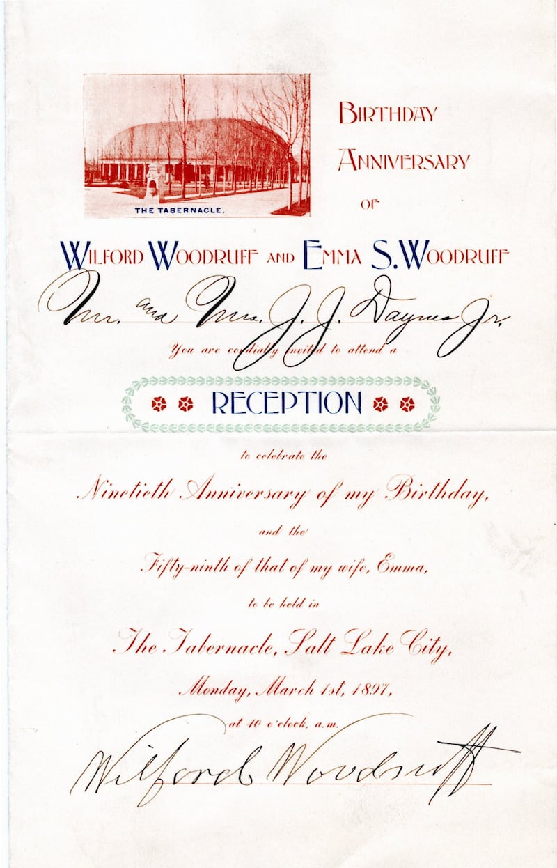 The personalized, signed invitation to Wilford Woodruff's 90th birthday celebration in 1897.