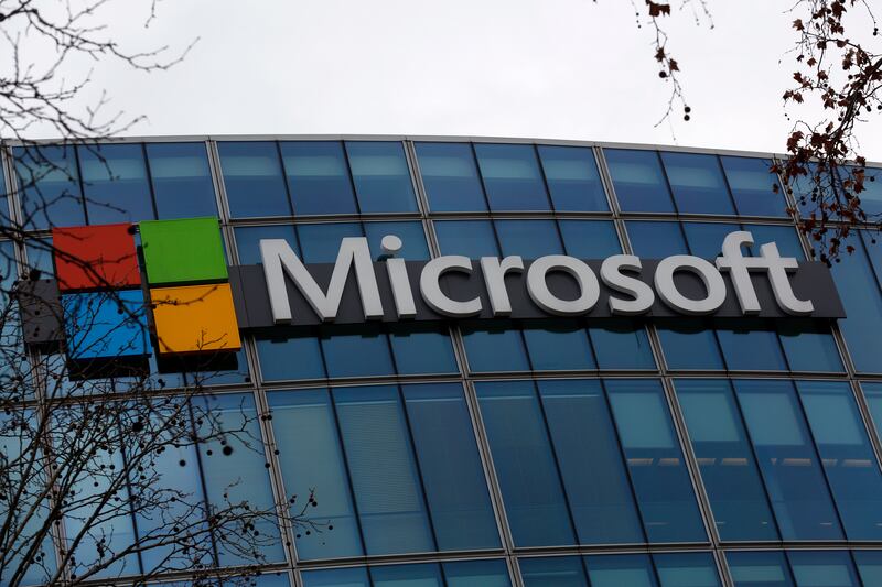 The logo of Microsoft displayed outside the headquarters in Paris.