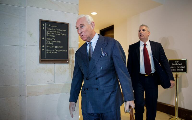 FILE - In this Sept. 26, 2017, file photo, longtime Donald Trump associate Roger Stone arrives to testify before the House Intelligence Committee, on Capitol Hill in Washington. Special Counsel Robert Mueller is examining previously undisclosed contact be