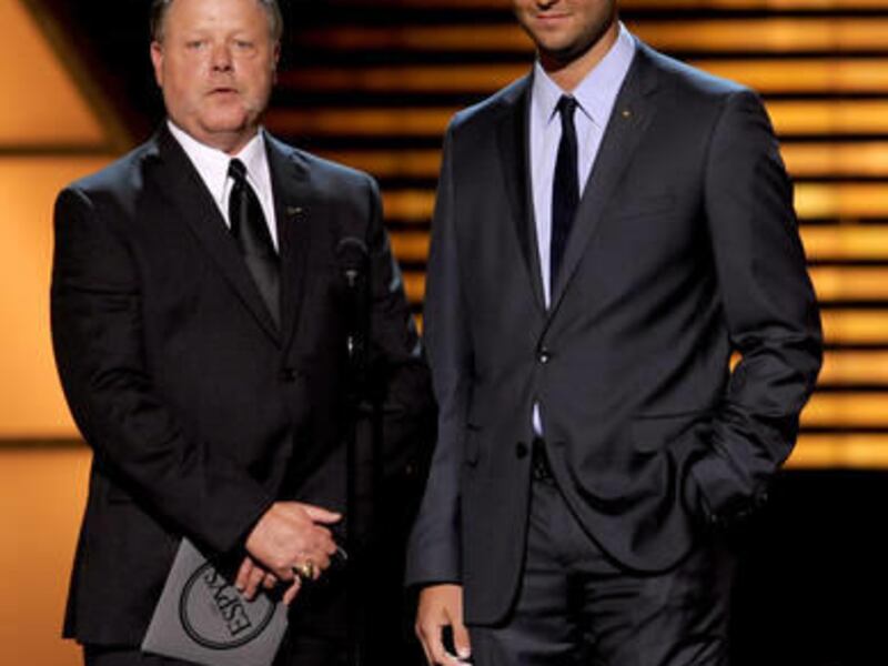 Major League Baseball Umpire Jim Joyce, left, and Detroit Tigers pitcher Armando Galarraga are seen on stage at the ESPY Awards on Wednesday, July 14, 2010 in Los Angeles.