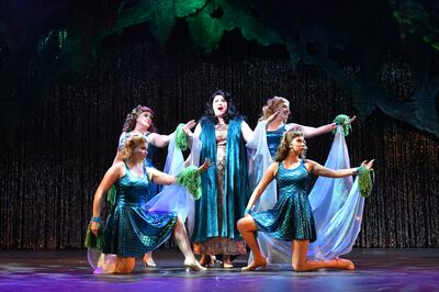 Olivia Custodio, center, plays the Lady of the Lake in the Grand Theatre's "Spamalot."