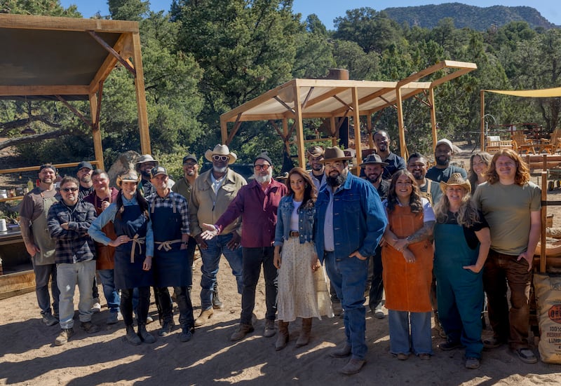 Contestants with host Andrew Zimmern and judges Moe Casen, Ernest Servantes and Jess Pryles as seen on "Pitmasters" Season 1.
