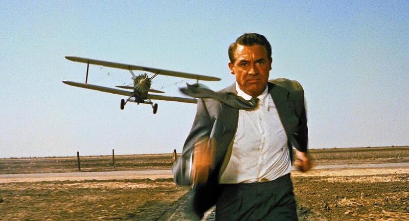 In this iconic movie image, Cary Grant is pursued by a lethal crop-dusting plane in Alfred Hitchcock’s 1959 classic thriller “North By Northwest,” to be shown in selected Megaplex theaters this month.