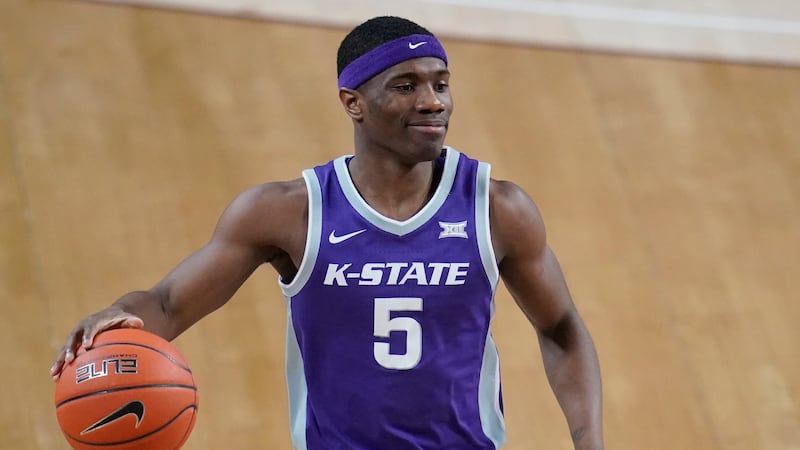 Kansas State guard Rudi Williams dribbles during game against Oklahoma, Tuesday, Jan. 19, 2021, in Norman, Okla.