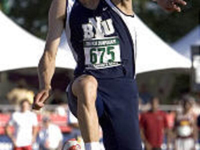 BYU's Rodrigo Mendes is on his way to the NCAA triple jump championship with a leap of 55-feet-11 Saturday in Sacramento, Calif.
