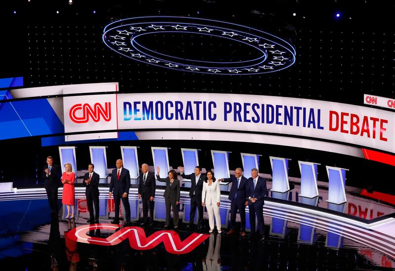 Candidates for president are introduced before the second of two Democratic presidential primary debates hosted by CNN Wednesday, July 31, 2019, in the Fox Theatre in Detroit.