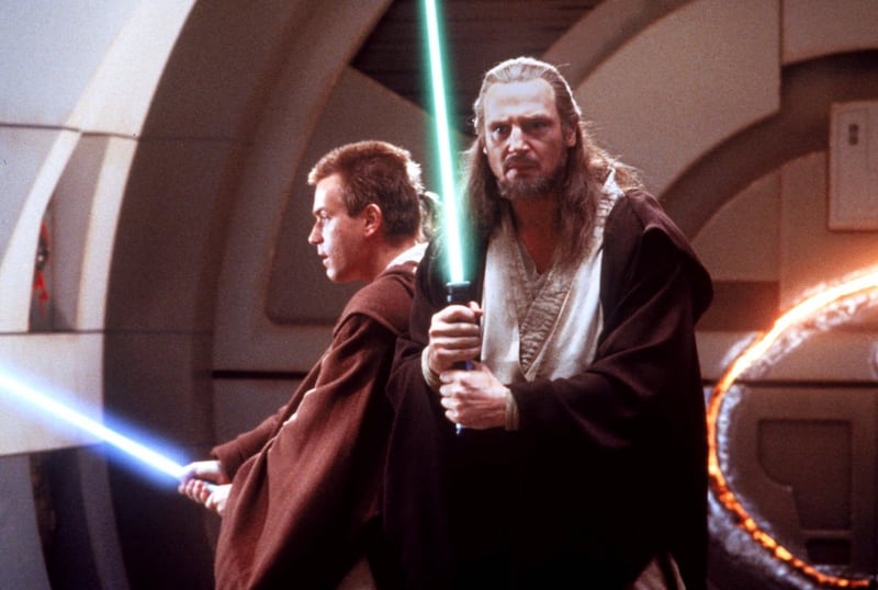 Liam Neeson, right, as Jedi Master Qui-Gon Jinn, and Ewan McGregor, as a young Obi-Wan Kenobi, in "The Phantom Menace."