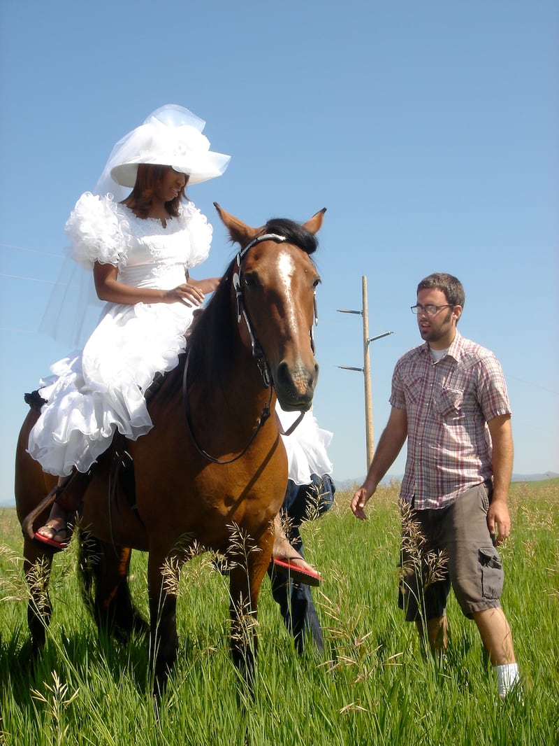 Shondrella Avery, left, and Jared Hess on set in Preston, Idaho during filming for “Napoleon Dynamite.”