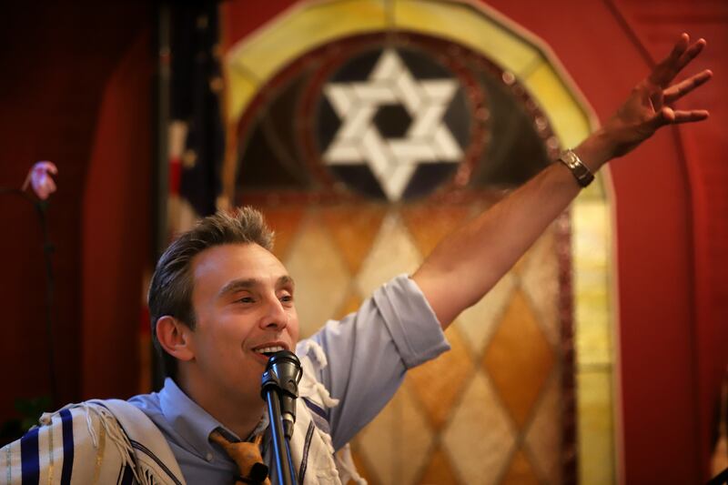 Rabbi David Markus leads a Shabbat service at Temple Beth-El on City Island, Bronx, New York, on Friday evening, May 25, 2018. Rabbi Markus is a judicial referee for the New York Supreme Court who gives talks on "harvesting your life wisdom and writing yo