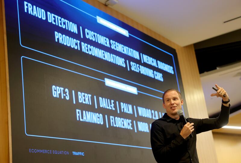 Pattern CEO Dave Wright speaks during the first Silicon Slopes Artificial Intelligence Summit at Utah Valley University on June 15, 2023.