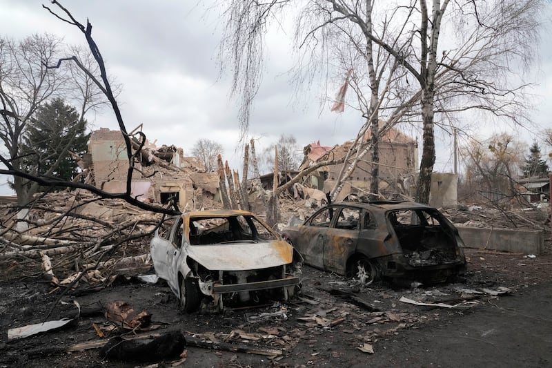 Gutted cars following a night air raid in the village of Bushiv, 40 kilometers west of Kyiv, Ukraine.
