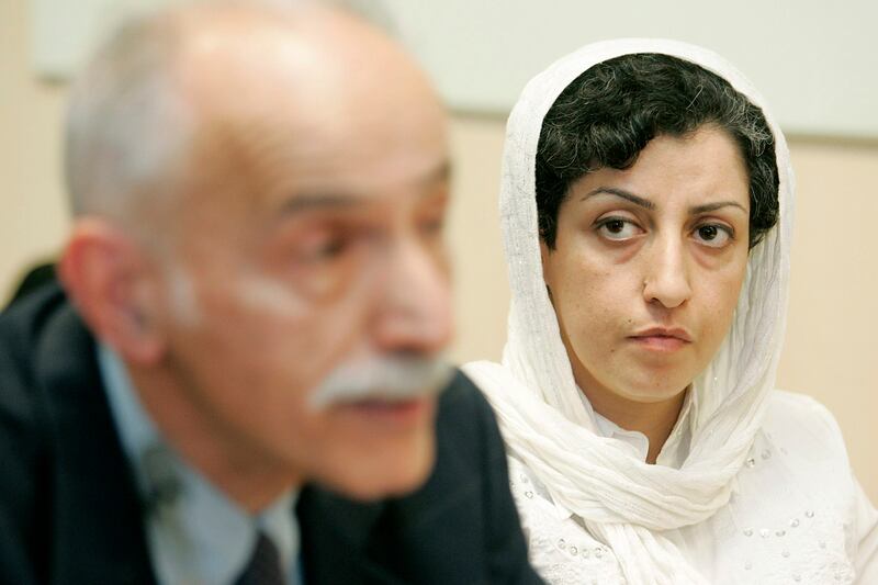 Iranian Narges Mohammadi, right, from the Center for Human Rights Defenders, in Geneva, Switzerland, in 2008.