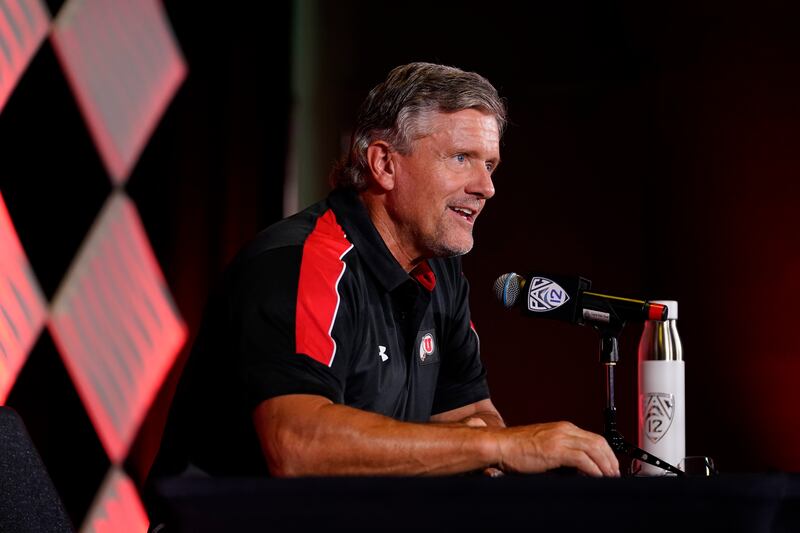 Utah head coach Kyle Whittingham answers questions during the Pac-12 Conference football media day Tuesday, July 27, 2021.