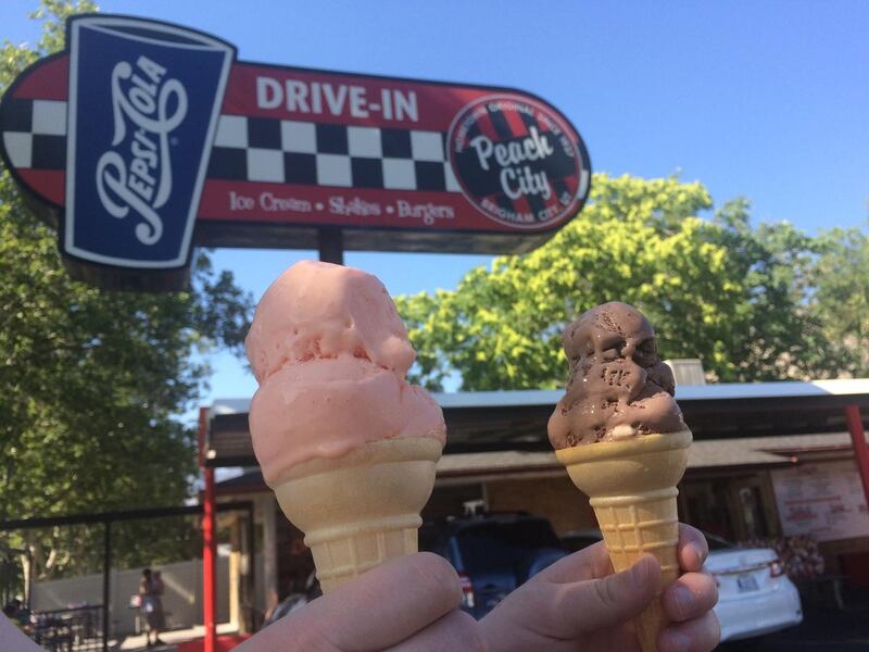 Peach City in Brigham City serves house-made ice cream, including peach and chocolate burnt almond.