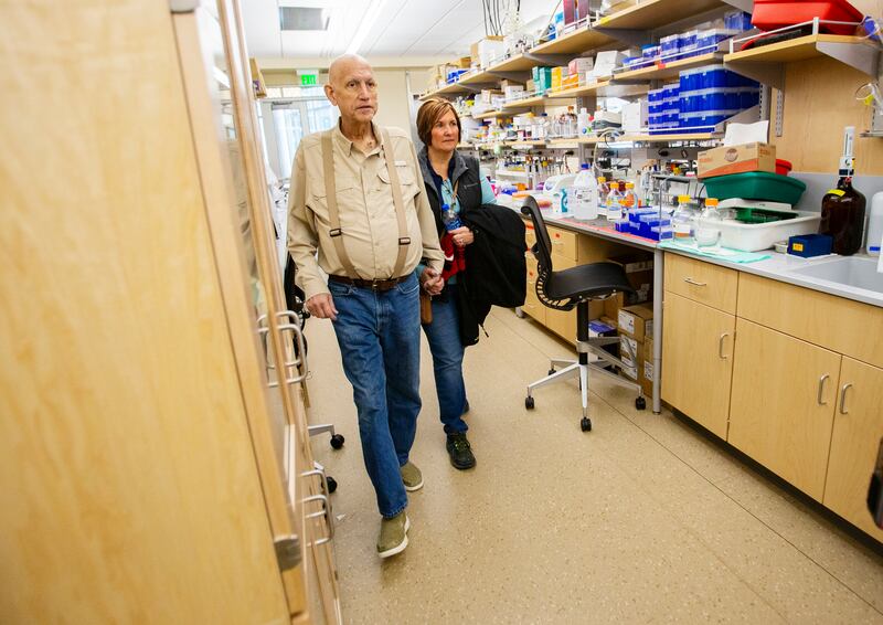 Gordon and Amy Chamberlain walk into the a lab at the Huntsman Cancer Institute in Salt Lake City on Monday, March 4, 2019. Gordon Chamberlain is taking part in a study of a new treatment for pancreatic cancer.