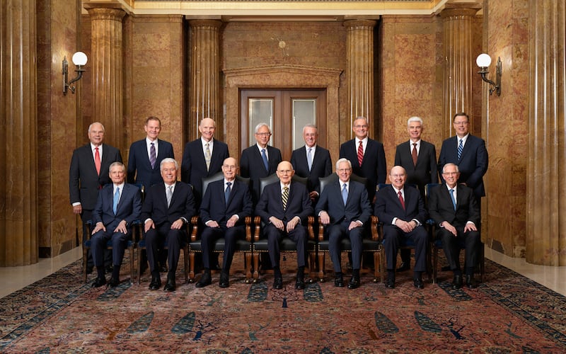 Front row, left to right: Elder David A. Bednar, Acting President Dieter F. Uchtdorf, President Henry B. Eyring, President Dallin H. Oaks, President D. Todd Christofferson, Elder Quentin L. Cook and Elder Neil L. Andersen. Back row, left to right: Elder Ronald A. Rasband, Elder Gary E. Stevenson, Elder Dale G. Renlund, Elder Gerrit W. Gong, Elder Ulisses Soares, Elder Patrick Kearon, Elder Gérald Caussé and Elder Clark G. Gilbert. Photo taken March 4, 2026.