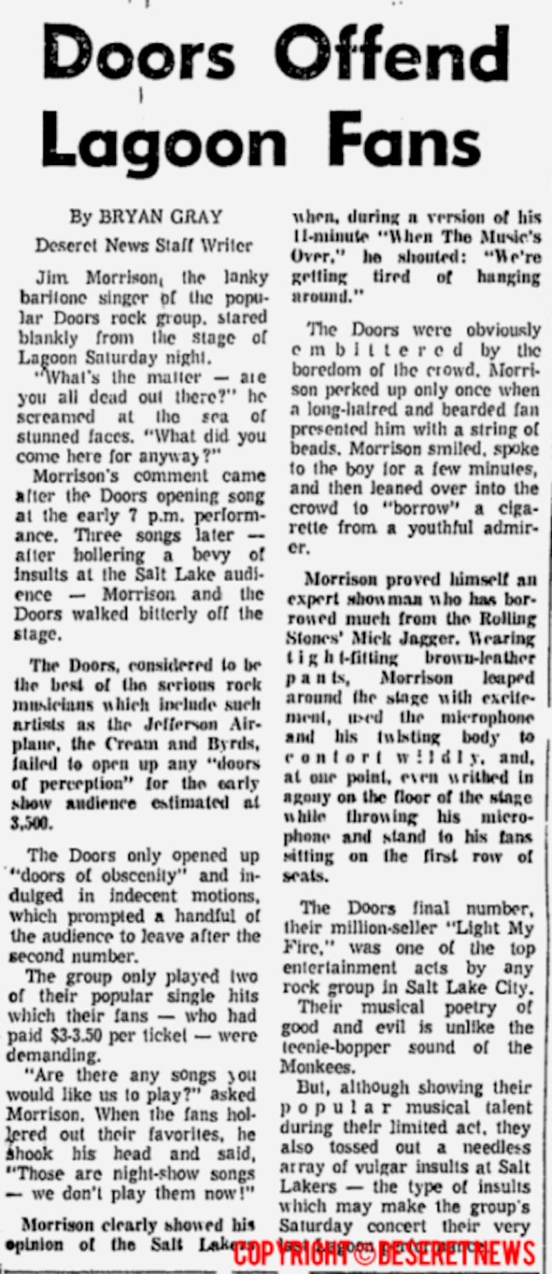 Bryan Gray's review of the Doors' 1968 concert at Lagoon's Patio Gardens, which ran in the Deseret News.