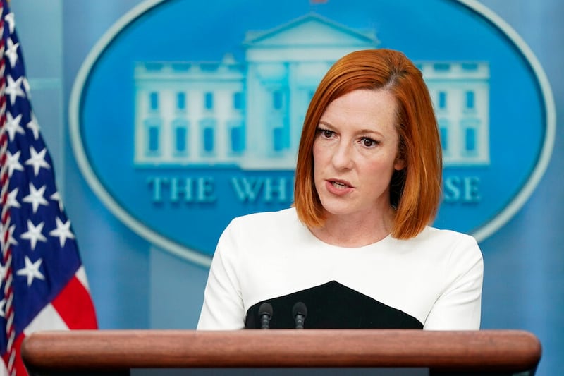 White House press secretary Jen Psaki speaks during a press briefing at the White House on March 14, 2022, in Washington.