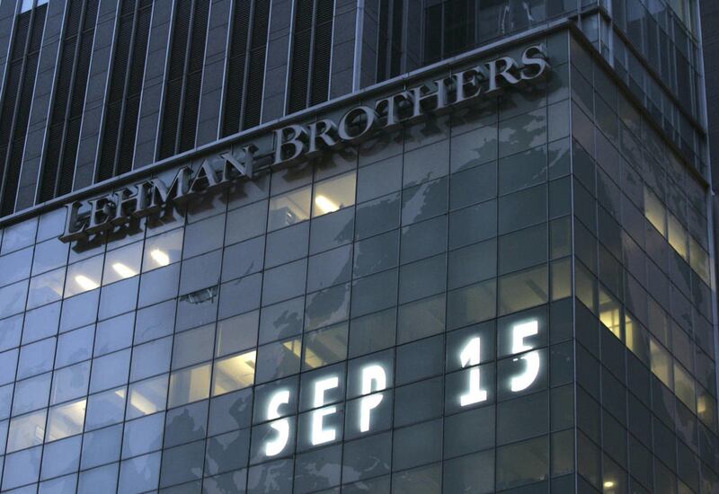 In this Sept. 15, 2008 file photo, Lehman Brothers world headquarters is shown in New York, the day the 158-year-old investment bank, choked by the credit crisis and falling real estate values, filed for bankruptcy.