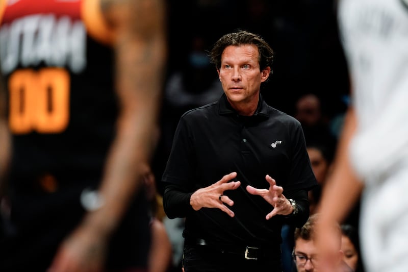 Utah Jazz coach Quin Snyder gestures to his team during game against the Brooklyn Nets, Monday, March 21, 2022, in New York.