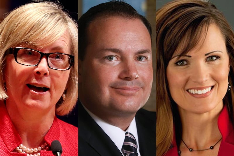 Former state lawmaker Becky Edwards, left, Sen. Mike Lee, and communications, public policy and campaign strategist Ally Isom.