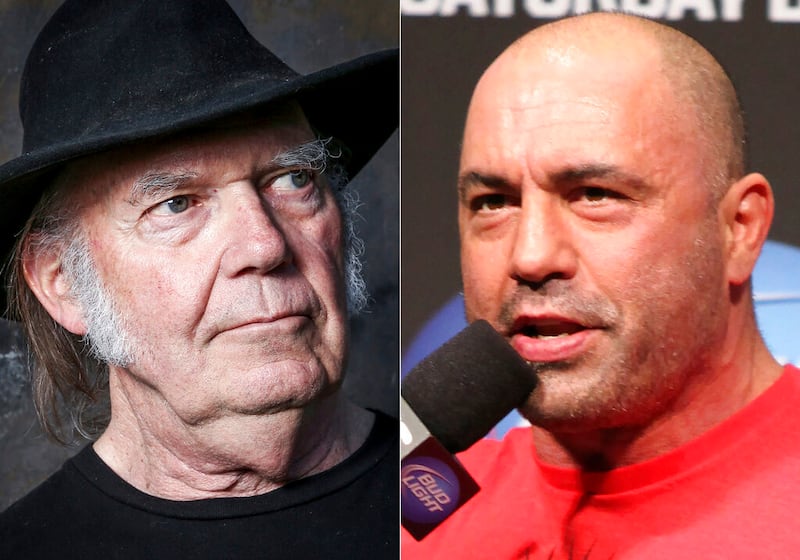 Side by side photo of Neil Young and Joe Rogan.