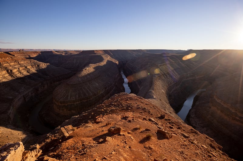 The San Juan River is seen from Goosenecks State Park near Mexican Hat, San Juan County, looking toward the Navajo Nation.