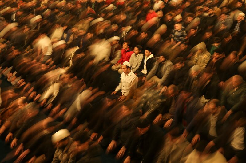 Muslim worshippers perform a night prayer called ‘tarawih’ during the eve of the first day of Ramadan.