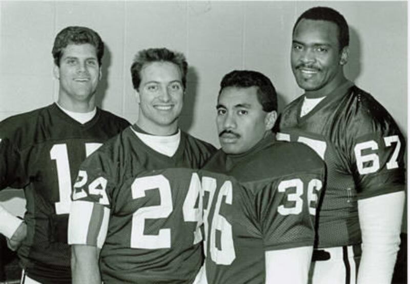 The Cardinals\' 1987 Pro Bowl representatives: QB Neil Lomax, left, FB Ron Wolfley, PR/KR Vai Sikahema and T Luis Sharpe.
