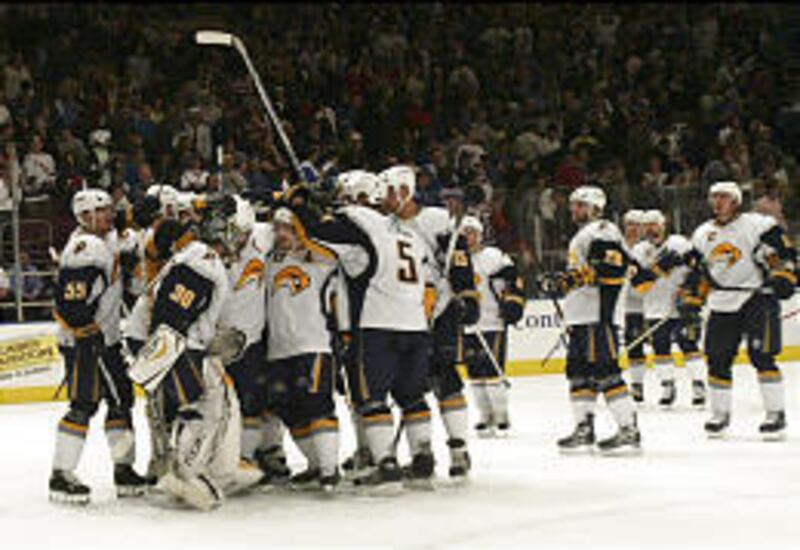 The Buffalo Sabres celebrate after eliminating the New York Rangers from the Stanley Cup playoffs.