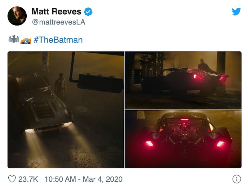 Director Matt Reeves shared three pictures of the next Batmobile, which looks pretty standard as far as Batmobiles go.