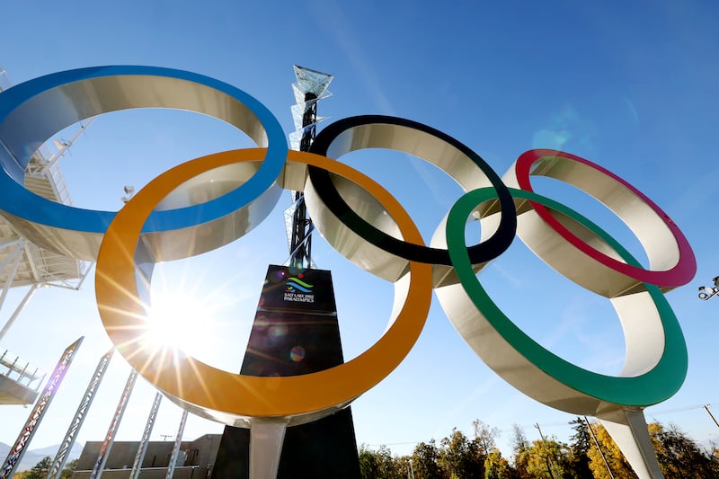 The Olympic rings and cauldron from the 2002 Winter Games at Rice-Eccles Stadium at the University of Utah.