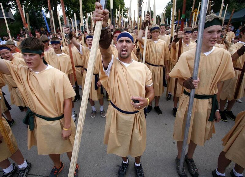 Roughly 2,200 "Stripling Warriors" march in the Bountiful Handcart Parade in Bountiful on July 20, 2012.