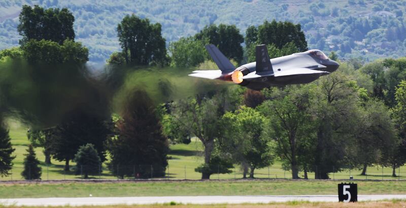 Maj. Kristin “Beo” Wolfe flies during an F-35A Lightning II demonstration team show at Hill Air Force Base near Layton.