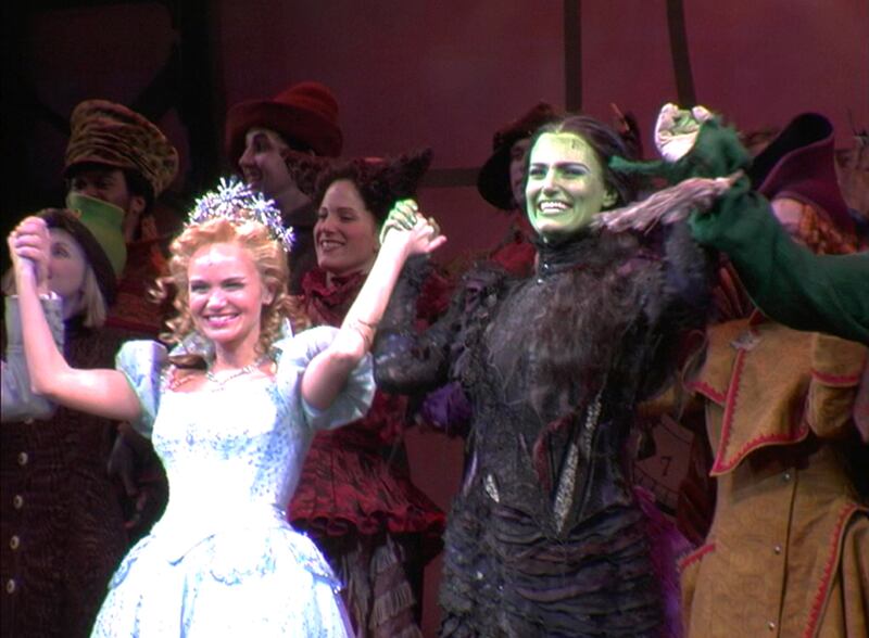 Kristin Chenoweth, Idina Menzel, and the cast of "Wicked" at their opening night curtain call in "Showbusiness: The Road to Broadway."