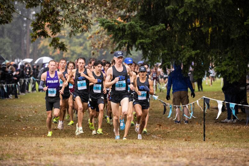 Members of the BYU men’s cross-country team lead the pack during West Coast Conference Championship Friday, Oct. 28, 2022.