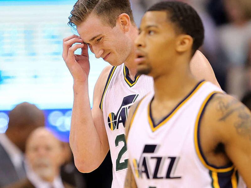 Utah Jazz forward Gordon Hayward (20) and Utah Jazz guard Trey Burke (3) walk off the floor at a late time out in the game as the Jazz and the Lakers play Wednesday, Feb. 25, 2015, at EnergySolutions Arena in Salt Lake City.