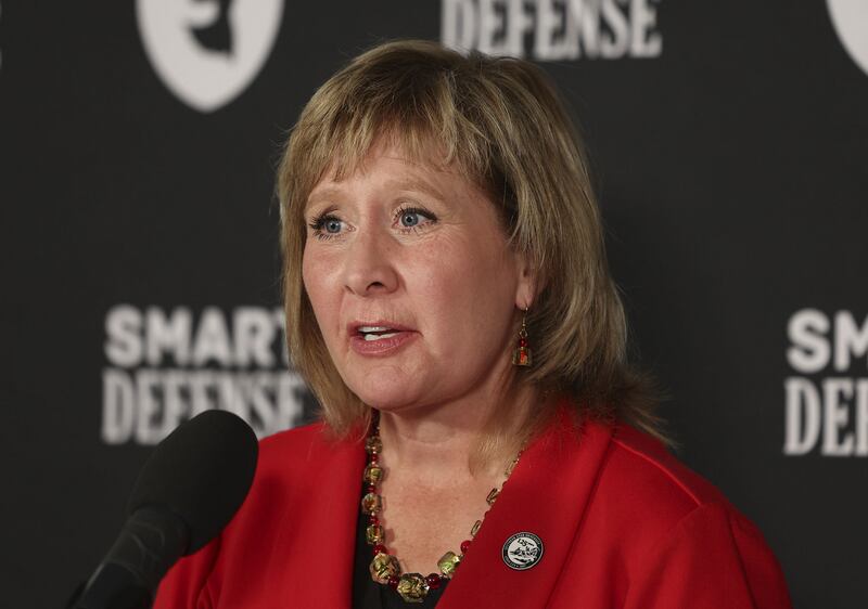 Mindy Benson, president of Southern Utah University, speaks about the Smart Defense classes available to SUU students during a press conference at the Elizabeth Smart Foundation office in Salt Lake City on Wednesday.