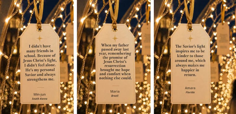 Example testimonies are displayed on hanging tags. Testimony submissions are now being collected for possible display on Temple Square in Salt Lake City during Christmastime 2026.